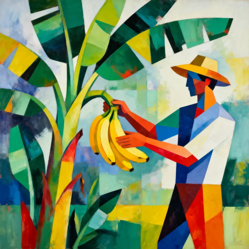 Abstract Painting of Farmer Harvesting Bananas