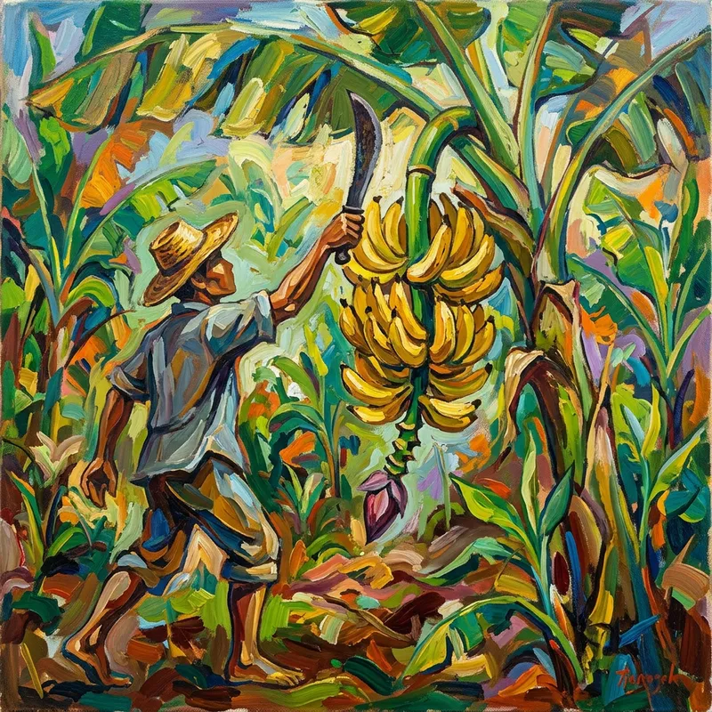 Abstract Painting of Farmer Harvesting Bananas Abstract Painting of Farmer Harvesting Bananas