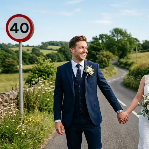 Groom with 40 km/h Velocity Sign Background