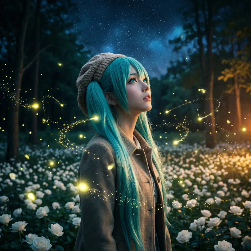 Aqua-haired Girl in Night Setting with White Roses & Fireflies