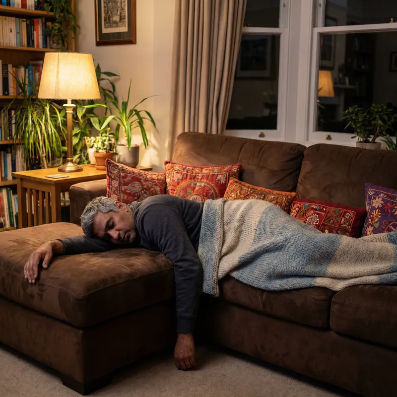 Tranquil Scene: South Asian Male in Deep Sleep on Cozy Couch