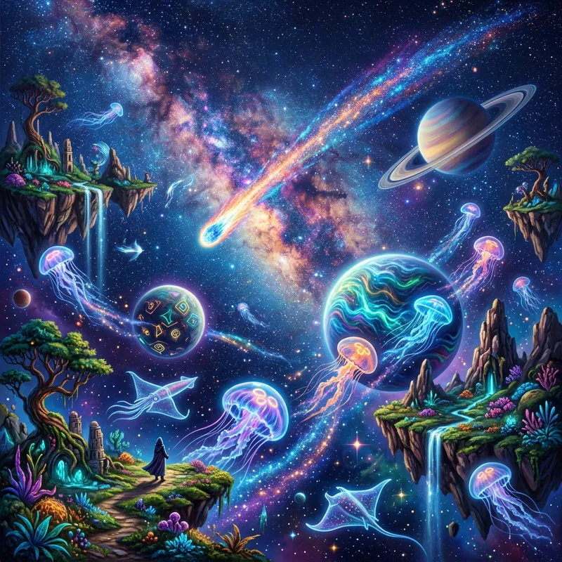 Surreal Galaxy Scene: Vivid Colors & Alien Lifeforms