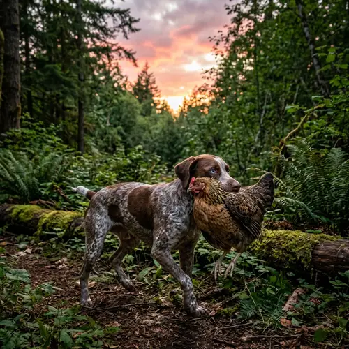 Playful Dog Grabs Chicken in Sunset Scene