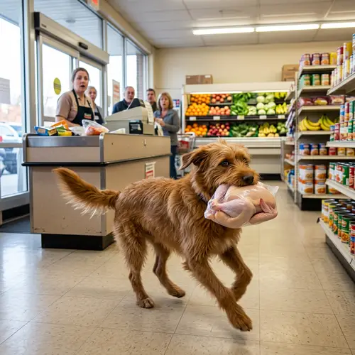 Playful Dog Steals Chicken from Local Grocery Shop