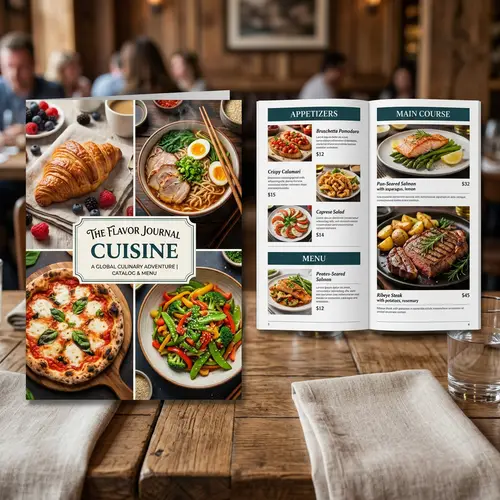 Restaurant Catalog Template: Menu Sections for Appetizers, Main Course, Desserts & Beverages