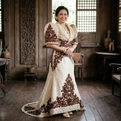 Elegant Filipiniana Costume with Carved Wood Designs