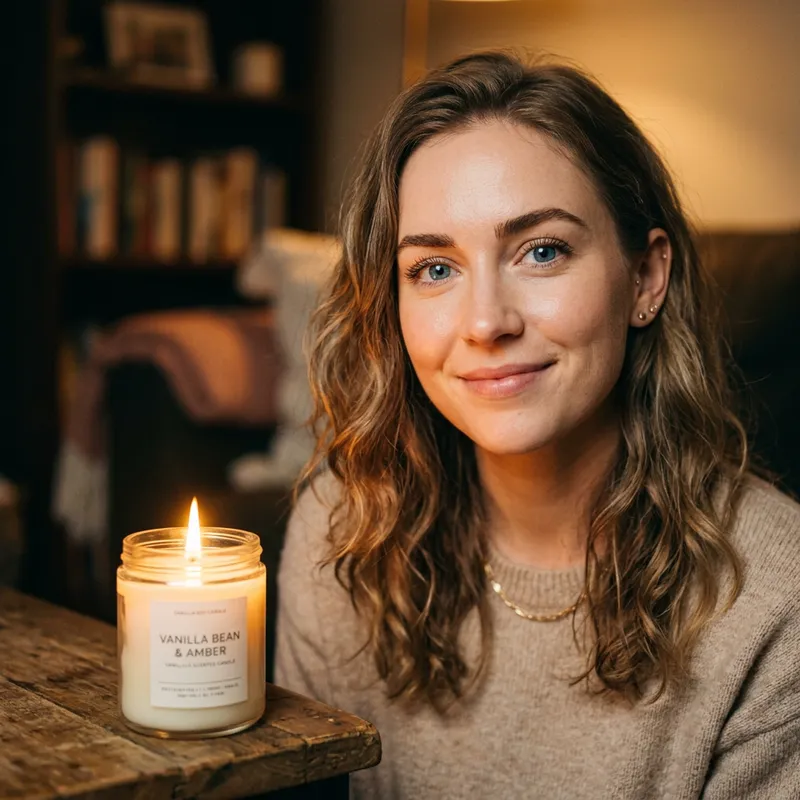 Blue-Eyed Woman & Vanilla Candle Close-Up