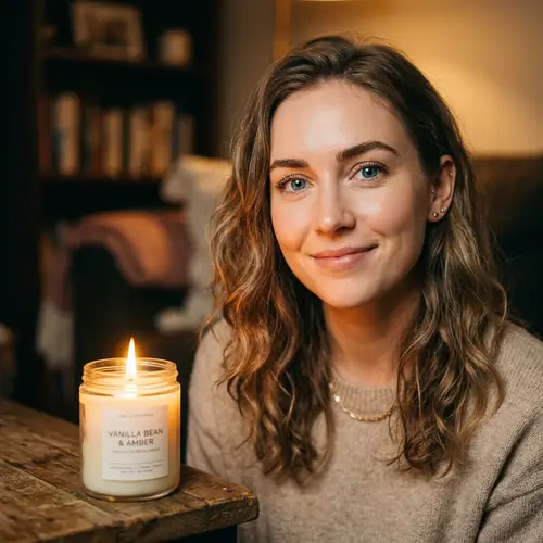 Blue-Eyed Woman & Vanilla Candle Close-Up