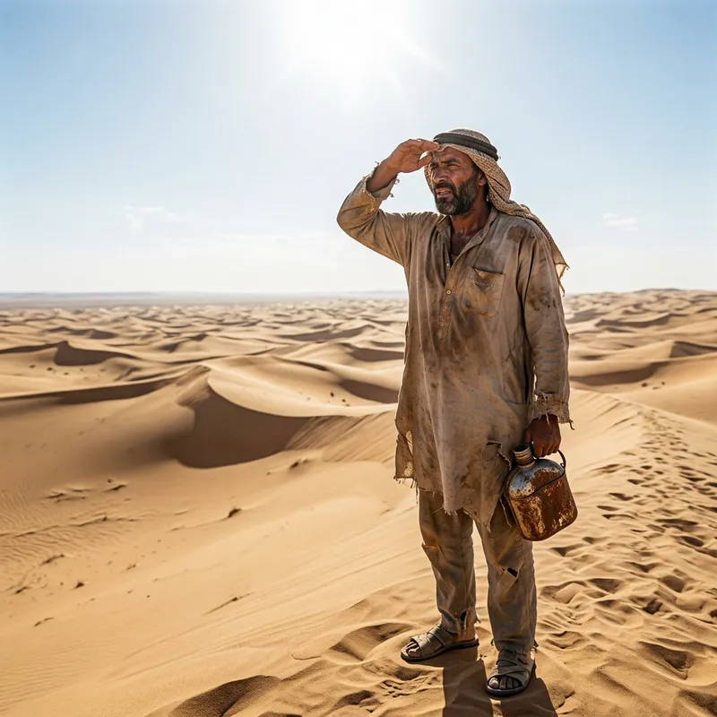 Desperate Man Trapped in Desert Searching for Water
