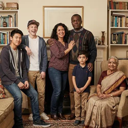 Multicultural Family Portrait in Warm Living Room