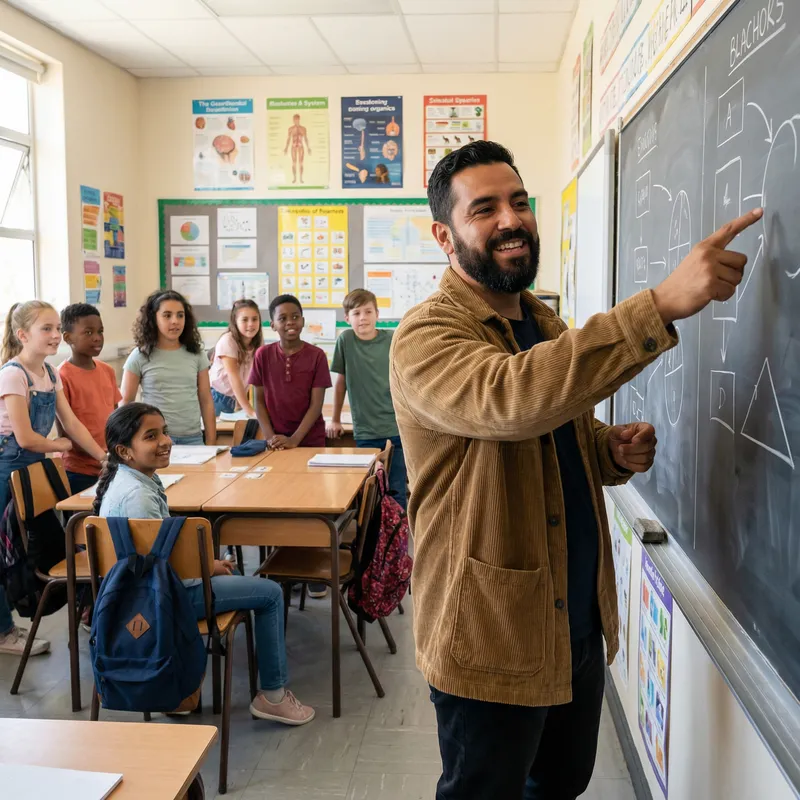 Male Teacher with Mustache Teaching in Front of Class Male Teacher with Mustache Teaching in Front of Class