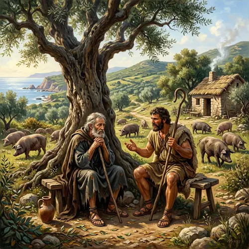 Chapter 14 of the Odyssey: Detailed Scene with Odysseus and Swineherd