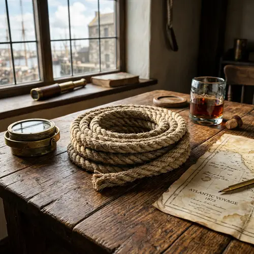 Neatly Coiled Natural Fibers Rope on Rustic Table