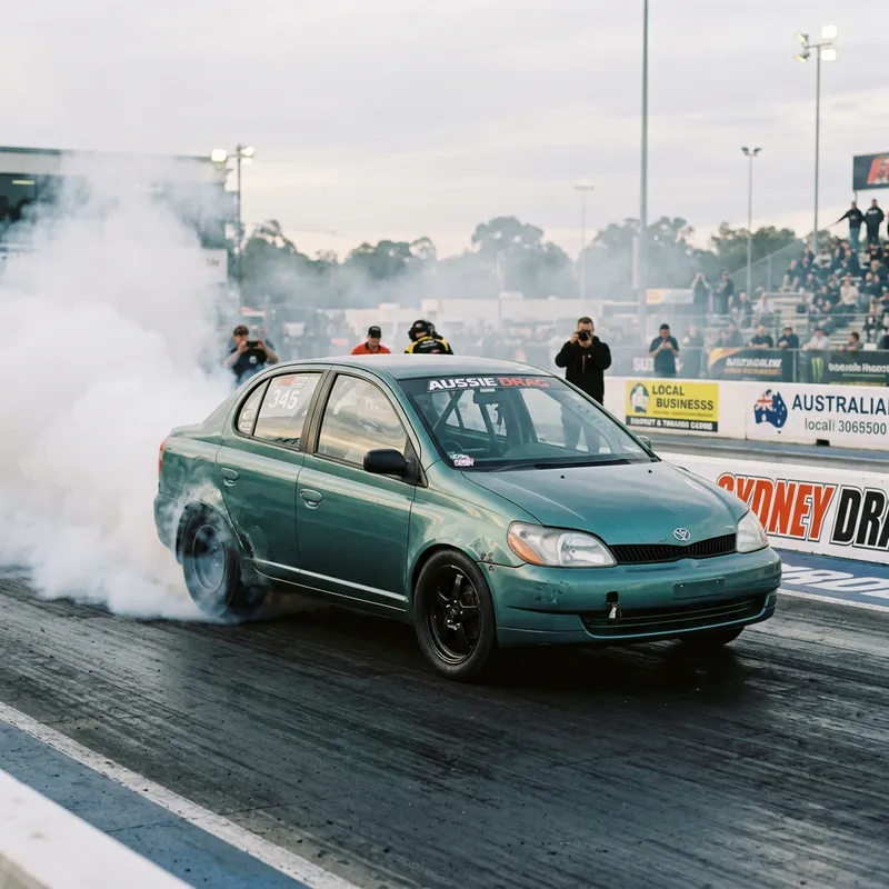 Customized Australian 1999 Toyota Echo Burnout at Drag Strip
