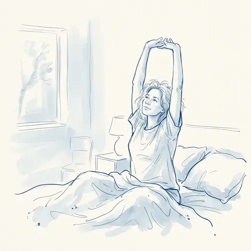 Tranquil Morning: Caucasian Woman Stretching in Minimalist Bedroom