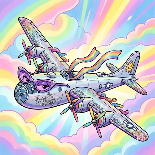 Exaggerated Enola Gay Aircraft Illustration with Flamboyant Style