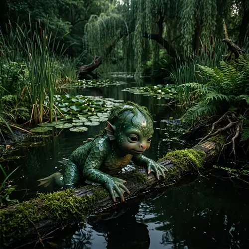Enchanting Scene of Baby Creature in Dimly Lit Black Lagoon