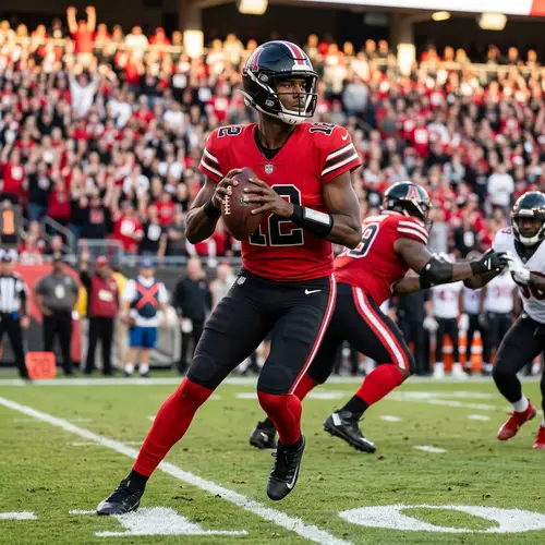 Tall Male Athlete in Scarlet American Football Uniform | Atlanta QB