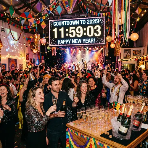 Vibrant New Year's Eve Celebration with Countdown Clock