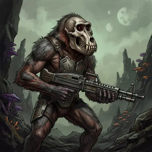 Otherworldly Primate Skull Creature with Machine Gun Illustration