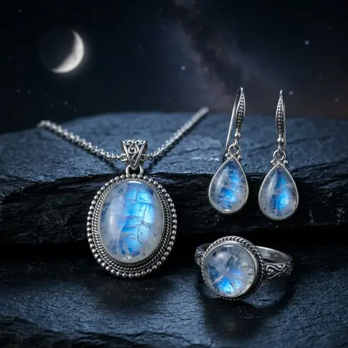 High-Quality Moonstone Silver Set Jewelry Image | Night Sky Background