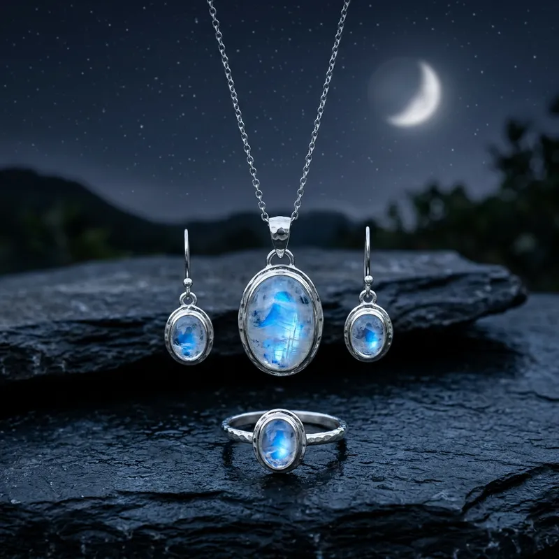 Detailed Moonstone Silver Jewelry Set in Serene Night Sky