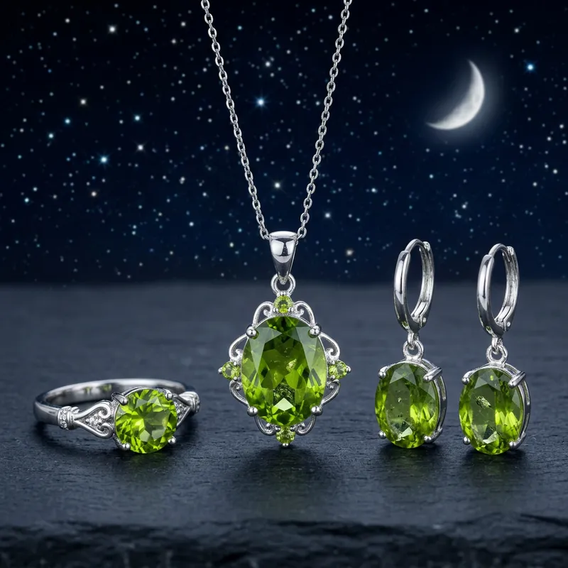 High-Quality Peridot Stone Silver Set Jewelry: Showcase Elegance Under Night Sky