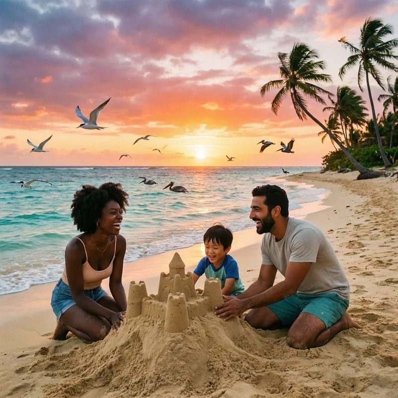 Tranquil Beach Scene with Diverse Family Building Sandcastle