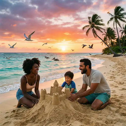 Tranquil Beach Scene with Diverse Family Building Sandcastle