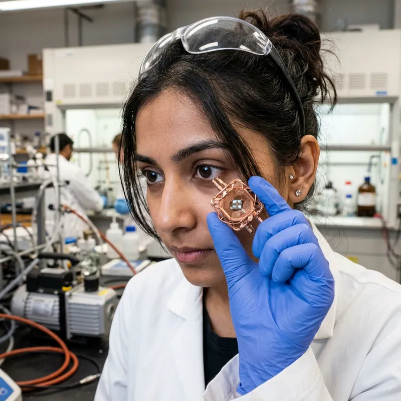 Female Scientist with Copper Micromesh in Laboratory
