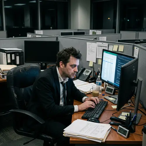 Businessman Working Hard at Desk - Black Suit Style