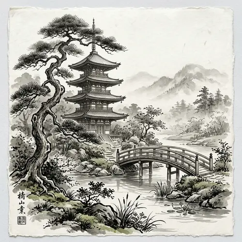 Sumi-e Style Japanese Garden Art with Pagoda and Bridge