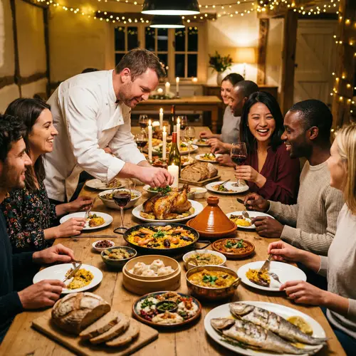 Gourmet Feast with Diverse Group of People Around Long Table