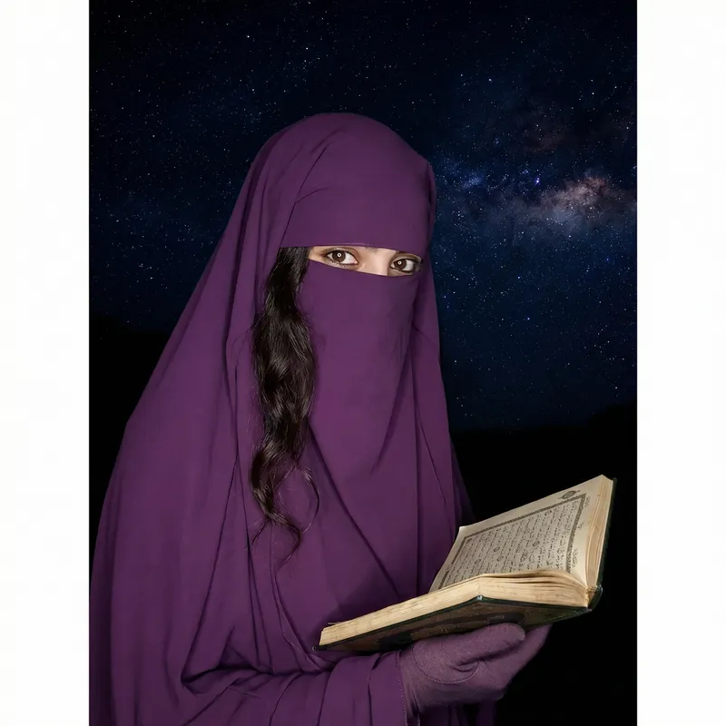 Beautiful Muslim Woman in Purple Niqab | Striking Brown Eyes | Starry Sky | Open Quran