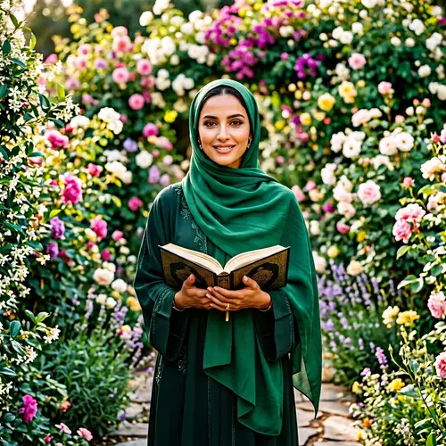 Beautiful Muslim Woman with Angelina Jolie-like Features in Green Hijab