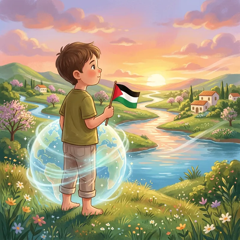 Child Holding Palestine Flag in Tranquil Paradise