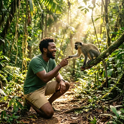 Playful Monkey and Black Man in Lush Forest