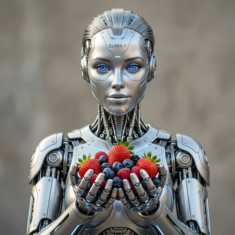 Girl Robot with Berries | Futuristic Metal Droid Art