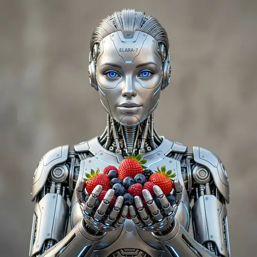 Futuristic Female Robot with Berries | Silver Metal Droid Art