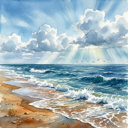 Ocean Watercolor Painting: Waves, Seagulls, Sun Rays