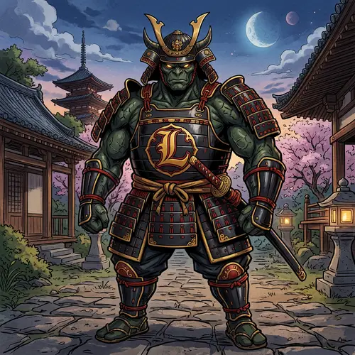 Muscular Alien Samurai in Anime Style | 'L' Emblem Armor