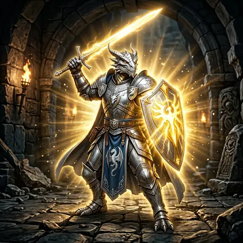 Male Silver Dragonborn Paladin in Silver Armor with Magical Shield and Sword