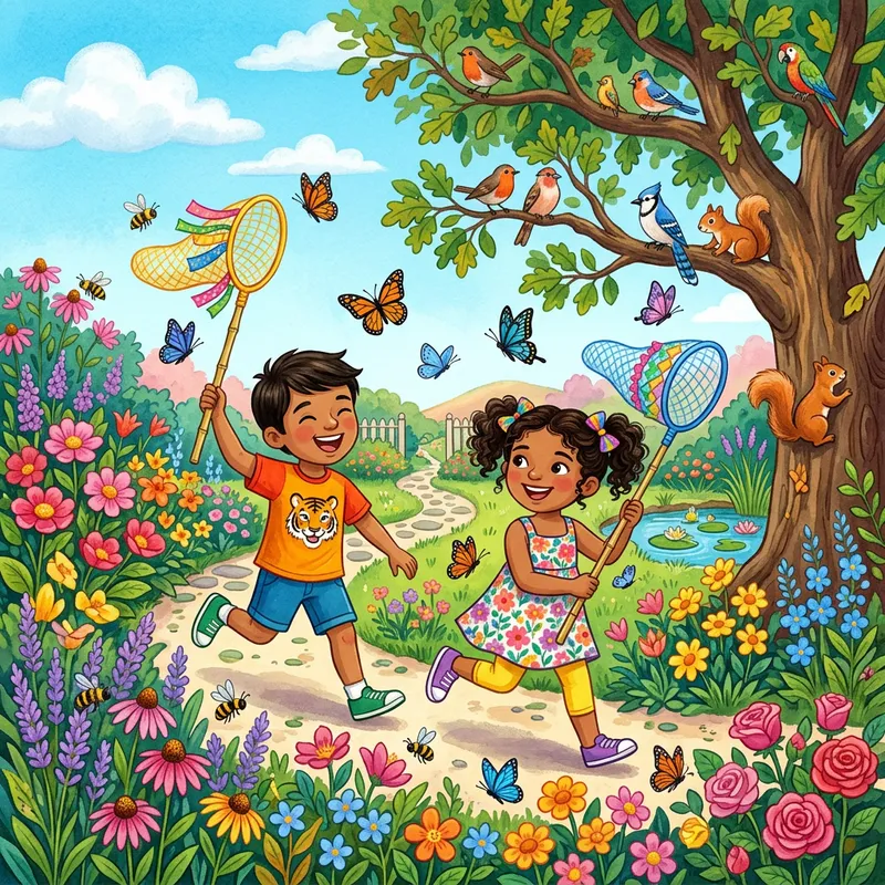 Colorful Children's Garden Illustrations with Squirrels, Bees, Birds, Butterflies