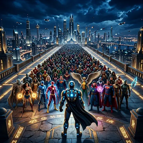 Superhero Triangle Formation in Futuristic Cityscape