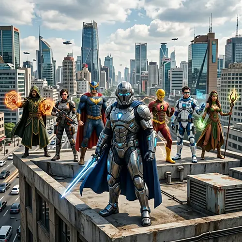 Futuristic Superhero Cityscape | Heroes Unite in Readiness