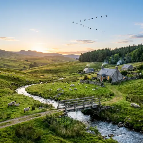 Tranquil Highland Landscape with Rolling Hills and Grazing Sheep