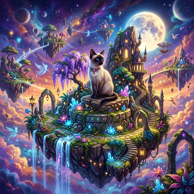 Captivating Siamese Cat on Mystical Floating Island - Fantasy Art