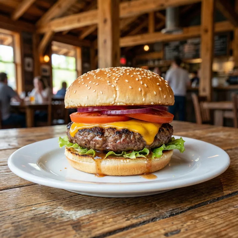 Delicious Hamburger on White Plate | Rustic Restaurant Scene