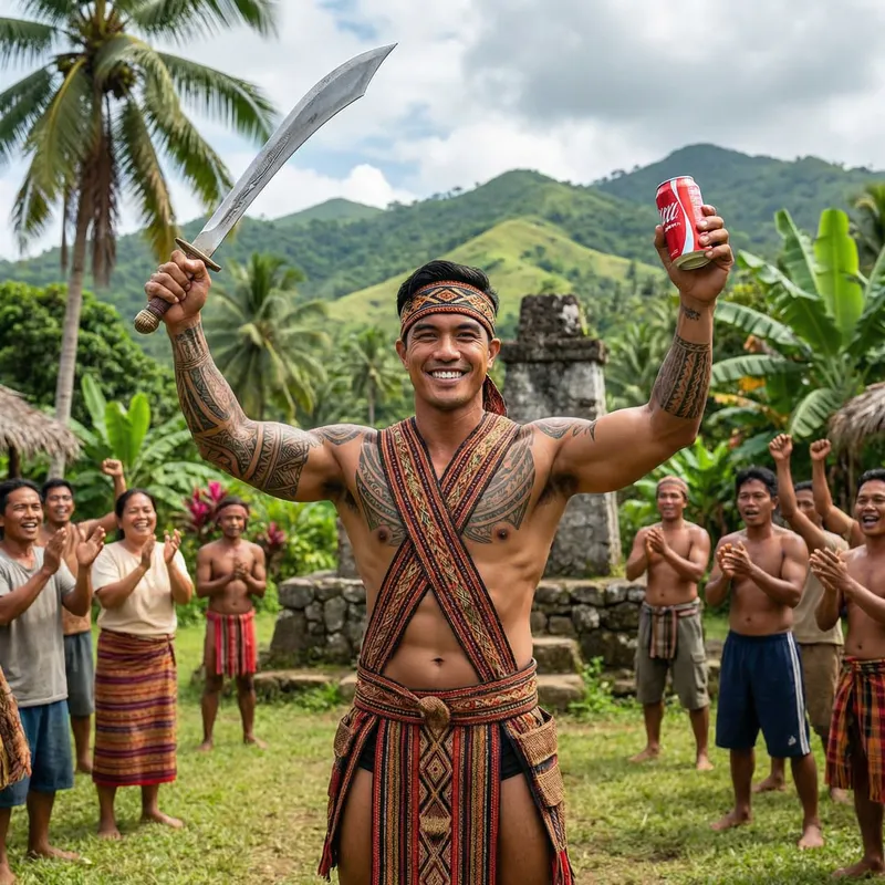 Lapu-Lapu Celebrates Victory with Sword and Soda Lapu-Lapu Celebrates Victory with Sword and Soda