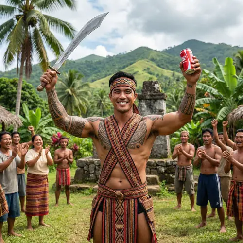 Lapu-Lapu Celebrates Victory with Sword and Soda
